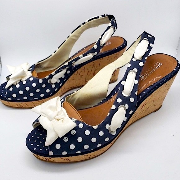 Sperry Top Sider Polka Dot Slingback Corked Wedges - Picture 1 of 3